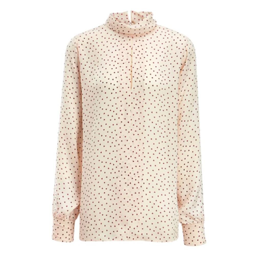 Joseph French Designer Heart Spot Leya Blouse Silk Ecru Berry Mock Neck 38 6